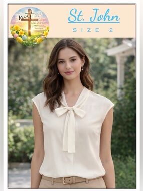 St. John Sleeveless Tie Neck Luxury Silk Blend Blouse  Light Ivory Size 2 EUC
